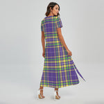 Mardi Gras Tartan Plaid Pattern Print Short Sleeve Maxi Dress