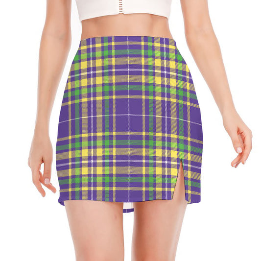 Mardi Gras Tartan Plaid Pattern Print Side Slit Mini Skirt