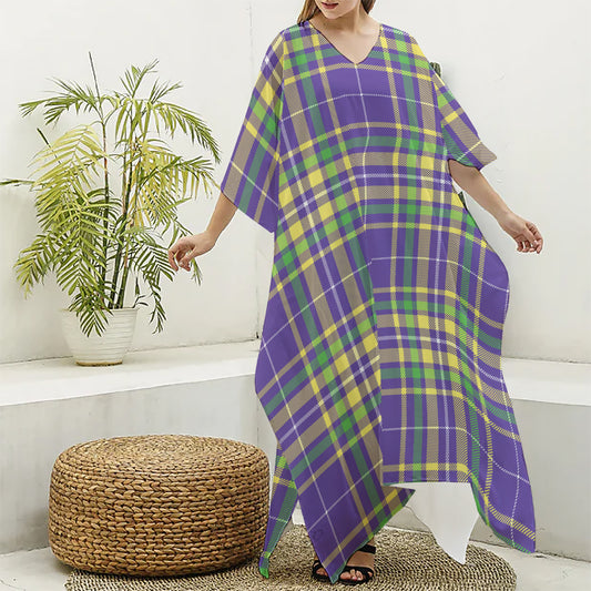 Mardi Gras Tartan Plaid Pattern Print Silk V-Neck Kaftan Dress