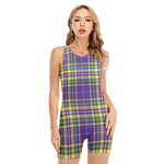 Mardi Gras Tartan Plaid Pattern Print Sleeveless One Piece Swimsuit