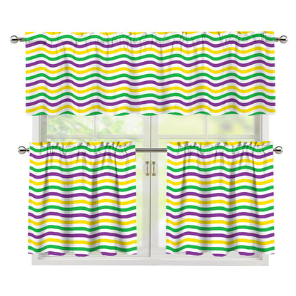 Mardi Gras Wave Pattern Print 3 Piece Kitchen Curtains