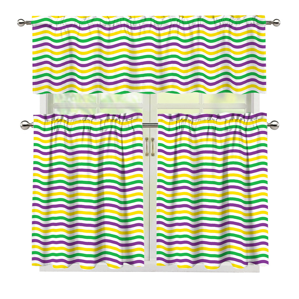Mardi Gras Wave Pattern Print 3 Piece Kitchen Curtains