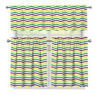 Mardi Gras Wave Pattern Print 3 Piece Kitchen Curtains