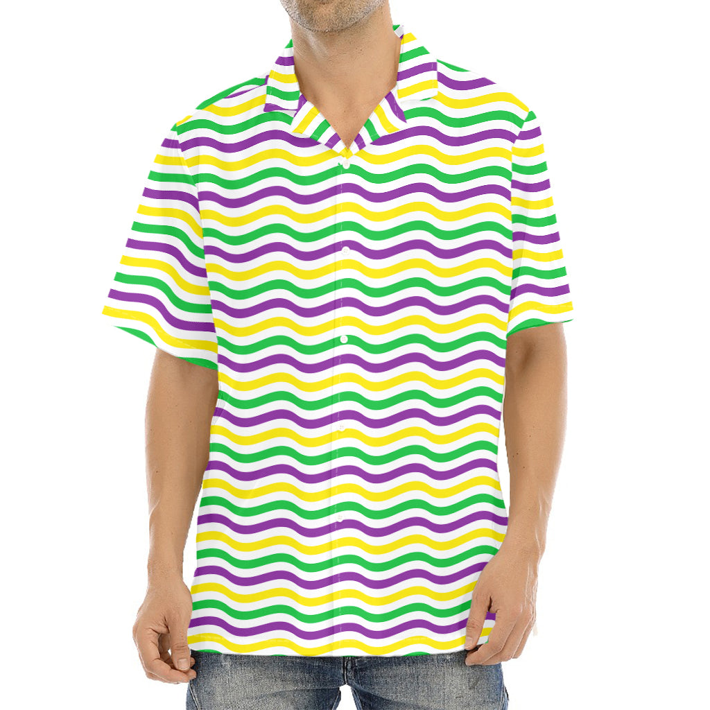 Mardi Gras Wave Pattern Print Aloha Shirt