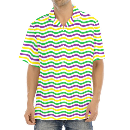 Mardi Gras Wave Pattern Print Aloha Shirt