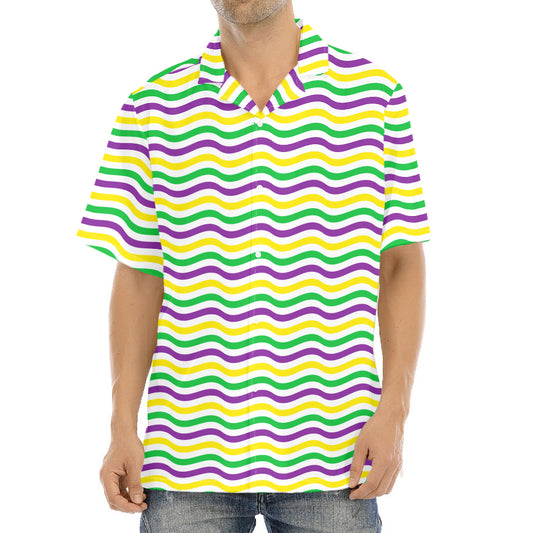Mardi Gras Wave Pattern Print Aloha Shirt