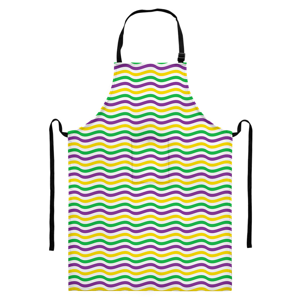 Mardi Gras Wave Pattern Print Bib Apron With Pocket
