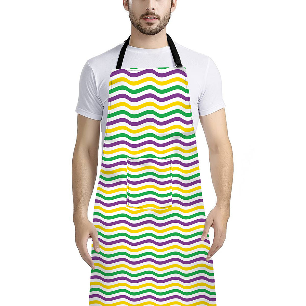Mardi Gras Wave Pattern Print Bib Apron With Pocket