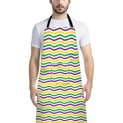 Mardi Gras Wave Pattern Print Bib Apron With Pocket