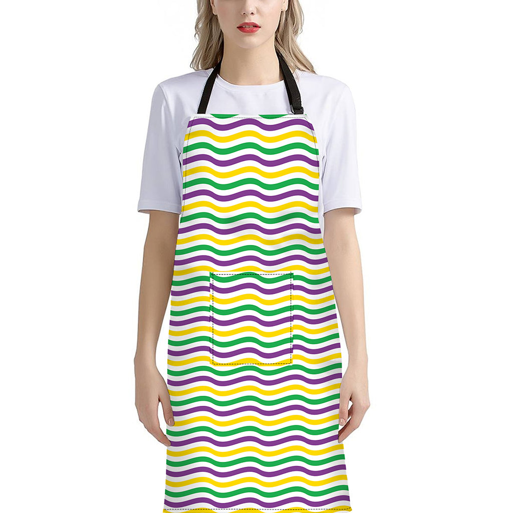 Mardi Gras Wave Pattern Print Bib Apron With Pocket