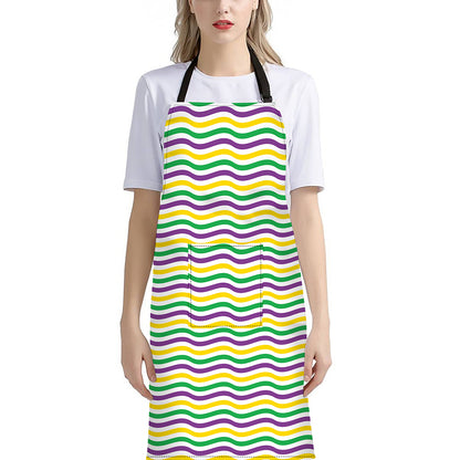 Mardi Gras Wave Pattern Print Bib Apron With Pocket