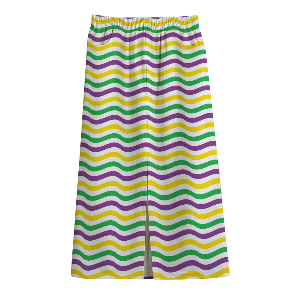 Mardi Gras Wave Pattern Print Cotton Front Slit Maxi Skirt