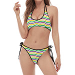 Mardi Gras Wave Pattern Print Halter Scoop Tie Side Bikini