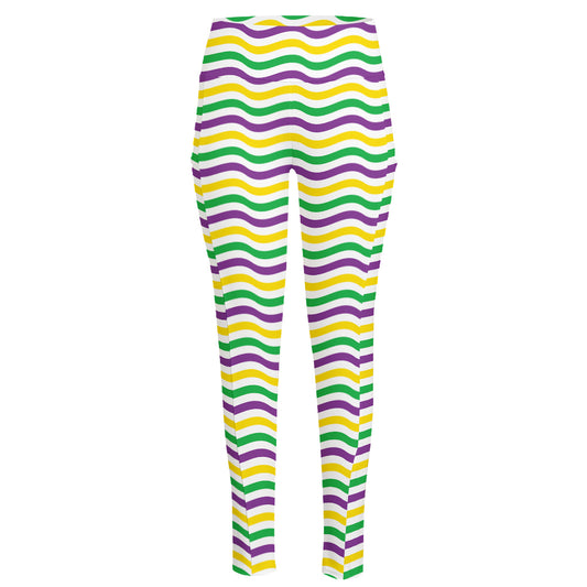 Mardi Gras Wave Pattern Print High-Waisted Pocket Leggings