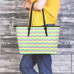 Mardi Gras Wave Pattern Print Leather Tote Bag