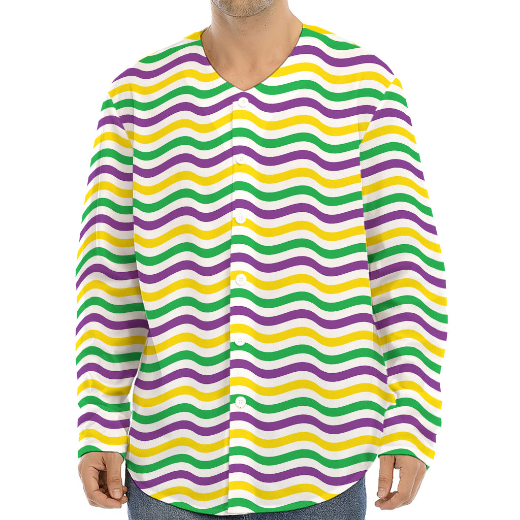 Mardi Gras Wave Pattern Print Long Sleeve Baseball Jersey