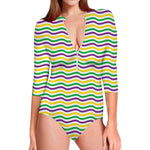 Mardi Gras Wave Pattern Print Long Sleeve Swimsuit