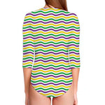 Mardi Gras Wave Pattern Print Long Sleeve Swimsuit