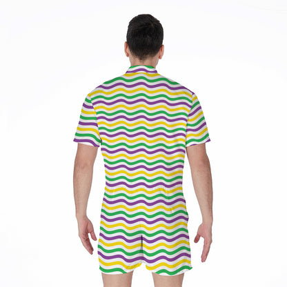 Mardi Gras Wave Pattern Print Men's Rompers