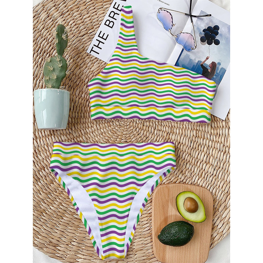 Mardi Gras Wave Pattern Print One Shoulder Bikini Top