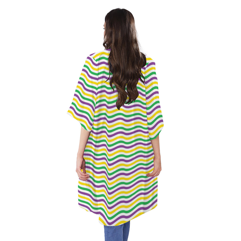 Mardi Gras Wave Pattern Print Open Front Beach Cover Up