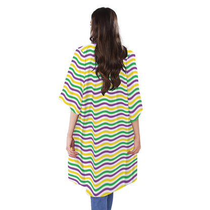 Mardi Gras Wave Pattern Print Open Front Beach Cover Up
