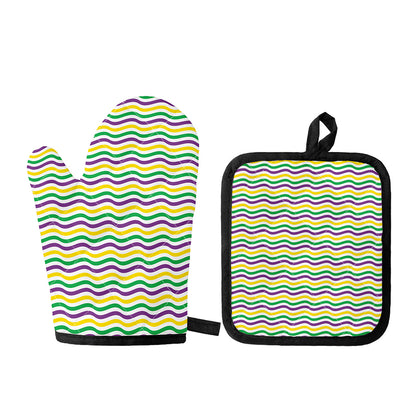 Mardi Gras Wave Pattern Print Oven Mitt And Pot Holder Set