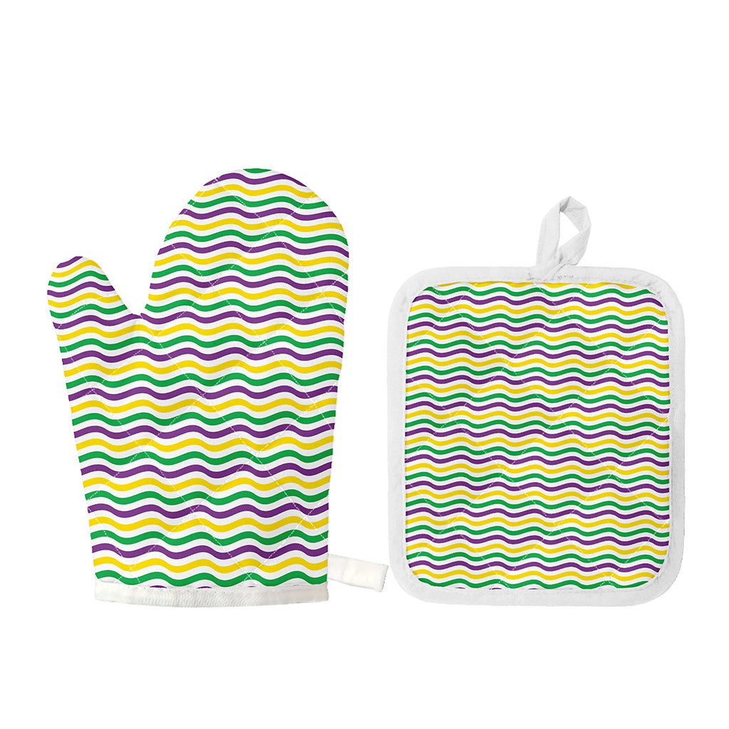 Mardi Gras Wave Pattern Print Oven Mitt And Pot Holder Set