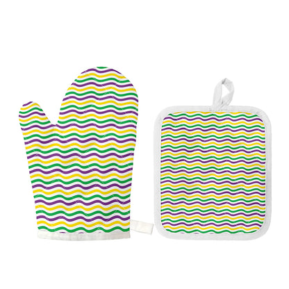 Mardi Gras Wave Pattern Print Oven Mitt And Pot Holder Set