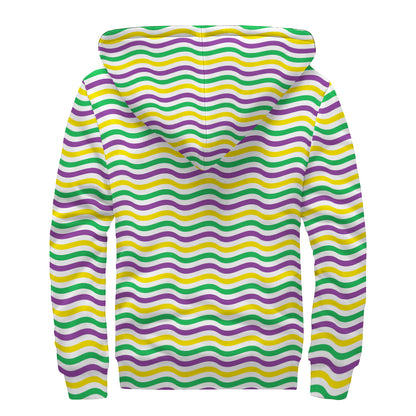Mardi Gras Wave Pattern Print Sherpa Lined Zip Up Hoodie