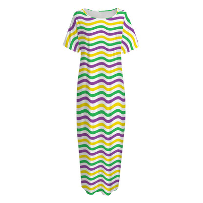 Mardi Gras Wave Pattern Print Short Sleeve Long Nightdress