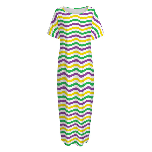 Mardi Gras Wave Pattern Print Short Sleeve Long Nightdress