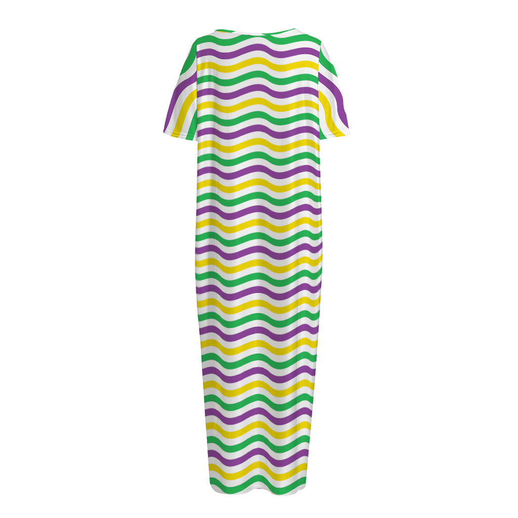 Mardi Gras Wave Pattern Print Short Sleeve Long Nightdress
