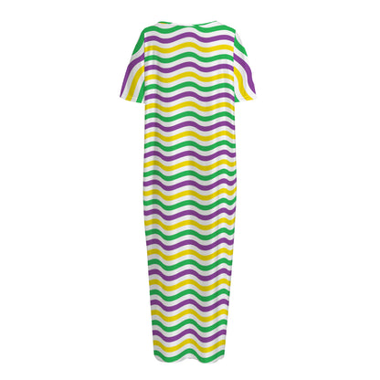 Mardi Gras Wave Pattern Print Short Sleeve Long Nightdress