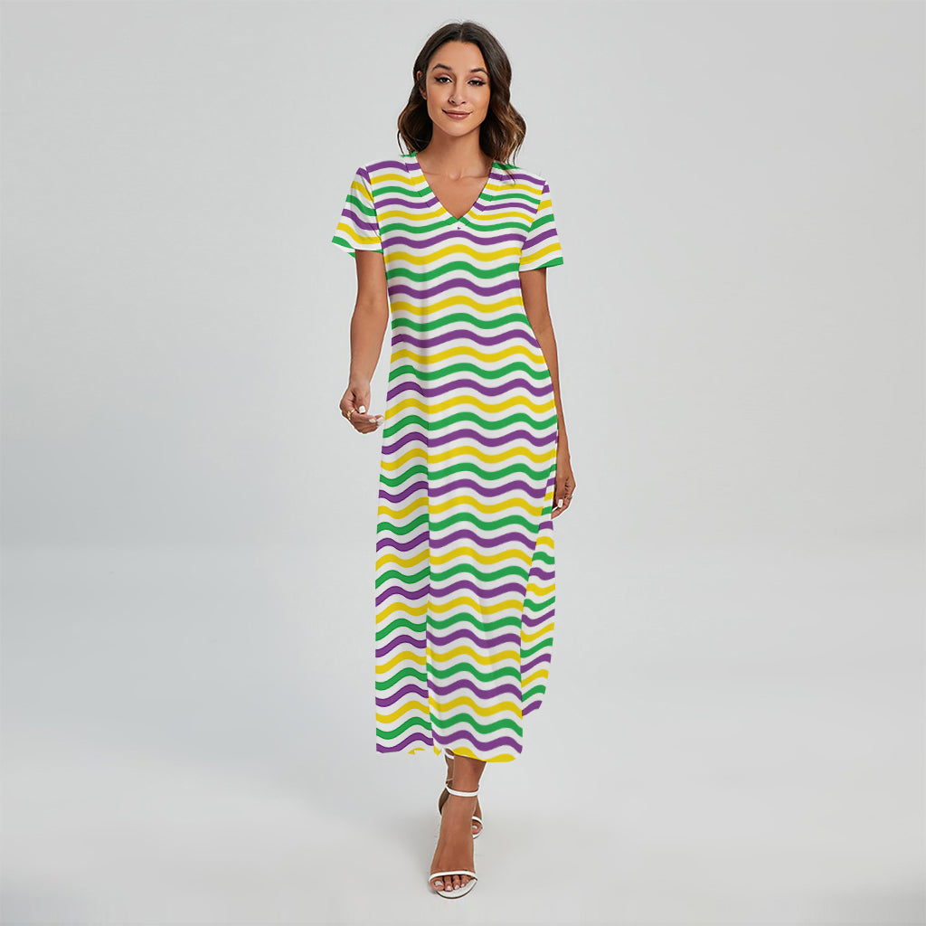 Mardi Gras Wave Pattern Print Short Sleeve Maxi Dress