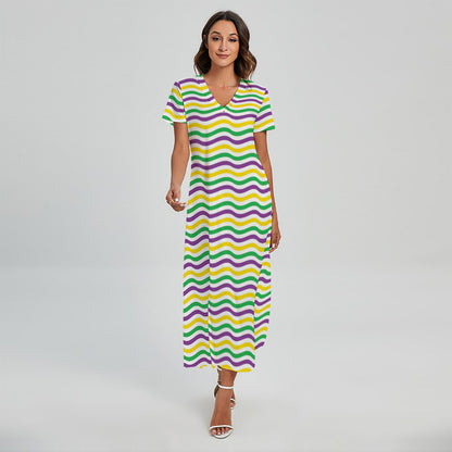 Mardi Gras Wave Pattern Print Short Sleeve Maxi Dress