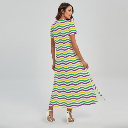 Mardi Gras Wave Pattern Print Short Sleeve Maxi Dress