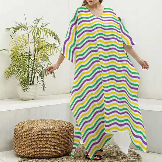 Mardi Gras Wave Pattern Print Silk V-Neck Kaftan Dress