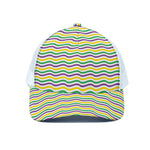 Mardi Gras Wave Pattern Print White Mesh Trucker Cap