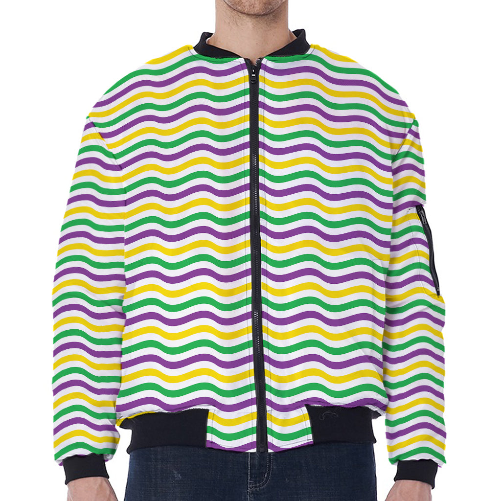 Mardi Gras Wave Pattern Print Zip Sleeve Bomber Jacket