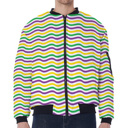 Mardi Gras Wave Pattern Print Zip Sleeve Bomber Jacket