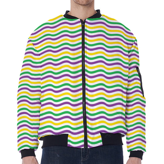 Mardi Gras Wave Pattern Print Zip Sleeve Bomber Jacket