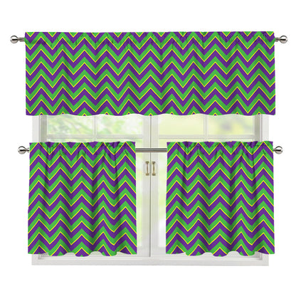 Mardi Gras Zigzag Pattern Print 3 Piece Kitchen Curtains
