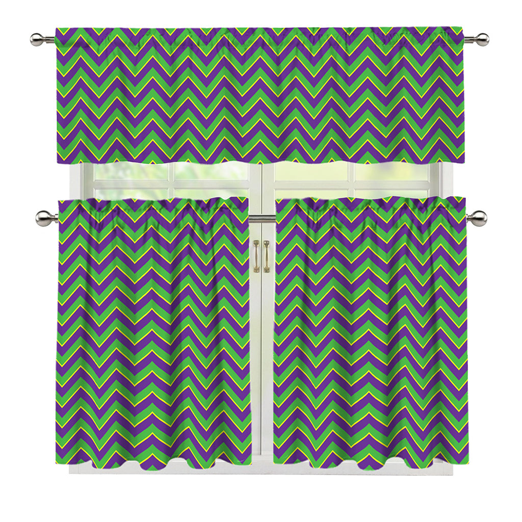 Mardi Gras Zigzag Pattern Print 3 Piece Kitchen Curtains