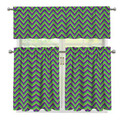 Mardi Gras Zigzag Pattern Print 3 Piece Kitchen Curtains