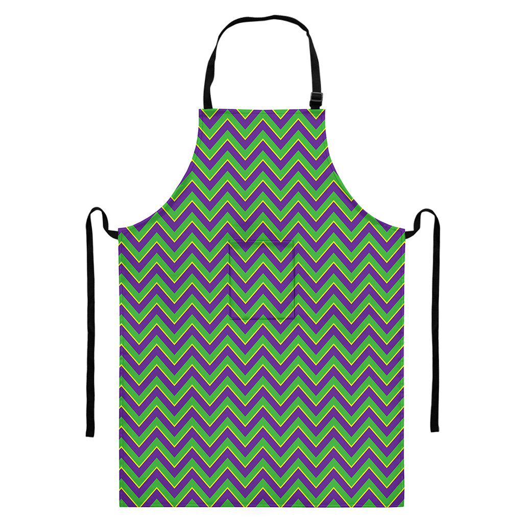 Mardi Gras Zigzag Pattern Print Bib Apron With Pocket