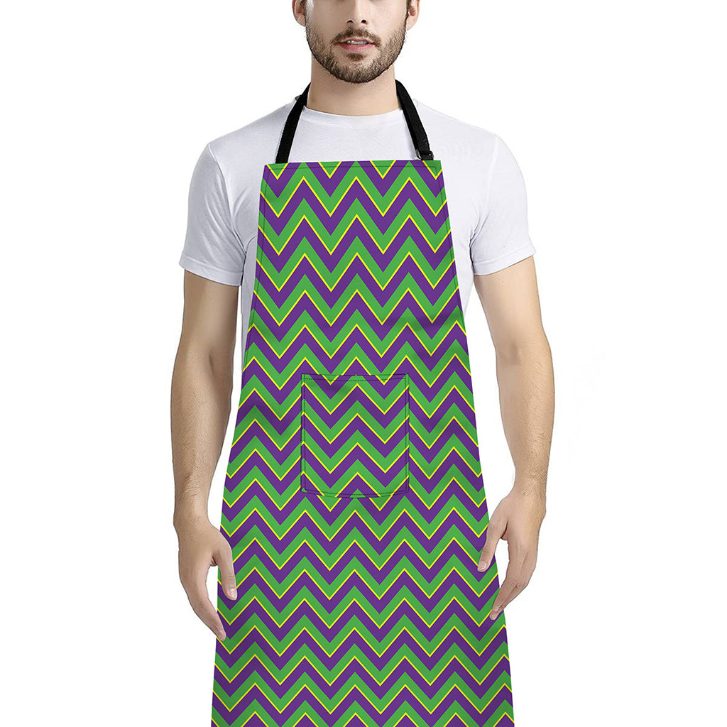 Mardi Gras Zigzag Pattern Print Bib Apron With Pocket