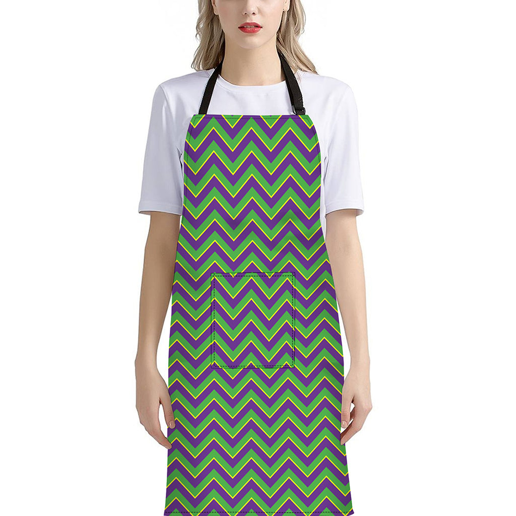Mardi Gras Zigzag Pattern Print Bib Apron With Pocket
