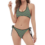 Mardi Gras Zigzag Pattern Print Halter Scoop Tie Side Bikini