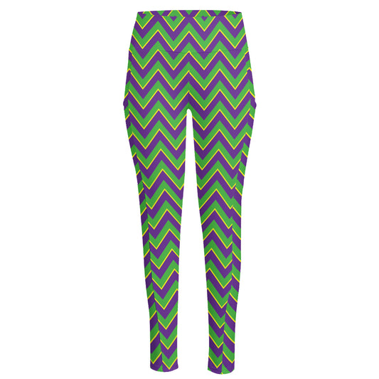 Mardi Gras Zigzag Pattern Print High-Waisted Pocket Leggings